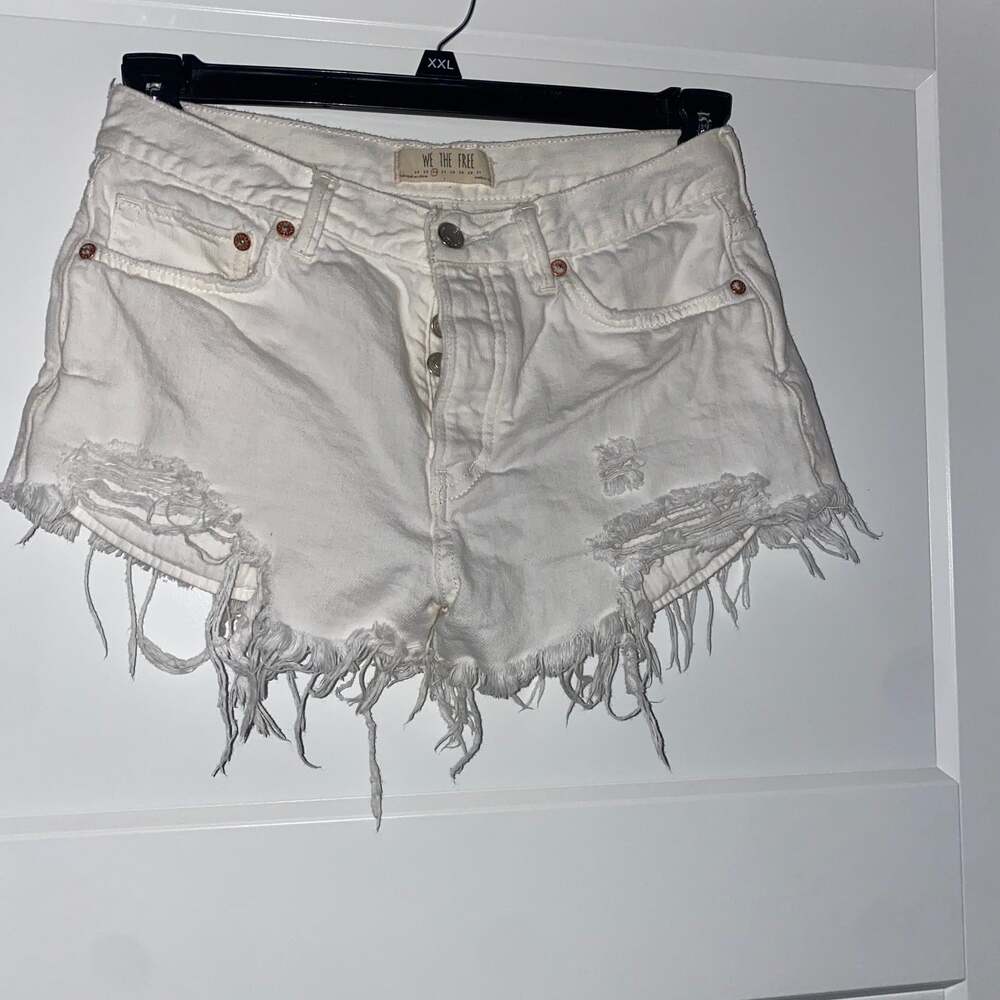 We The Free White Distressed Denim Cutoff Shorts, High-Waisted Boho Size 26